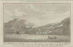 An old engraving shows the Endeavour beached on the shore of a bay, surrounded by wooded hills. An area of land has been cleared and tents set up. A small boat carrying eight men rows on the bay.