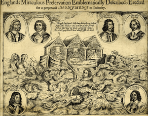 Inscription depicting two houses of Parliament and the Westminster Assembly on an ark. Various figures are drowning in the flood. Portraits of other figures surround the scene. "Englands Miraculous Salvation Emblematically Described, Erected for a perpetual Monument to Posterity" is printed above.