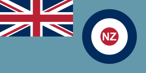 Sky blue flag with concentric circle RNZAF icon in right half and Union Flag as top left-hand quarter.