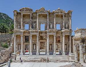 The roof of the Library of Celsus has collapsed, but its large façade is still intact.