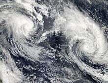 Satellite image of two simultaneous tropical cyclones, both with similar appearances.