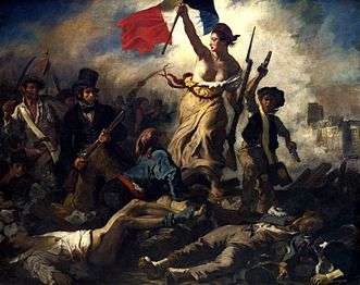 Men with guns being led by a half-naked woman who is holding the French flag. She and they are walking over dead bodies. The painting is structured like a triangle, with the woman at the apex. The dead are lying at the base of the triangle.