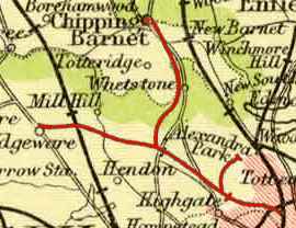 A 1900 map of part of Middlesex and Hertfordshire (now incorporated into Greater London) showing rail lines.