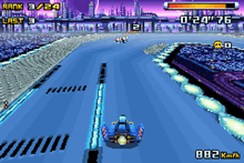 Vehicle racing on a track high above ground. In the corners of the screen are head-up display information detailing race standings, energy-level, time, and speed.