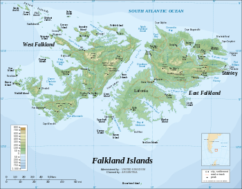 Topographic map of the Falkland Islands, with settlements marked