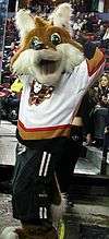 A mascot in the form of an anthropomorphic fox. It has brown "fur" with a white muzzle, oversized eyes and mouth.