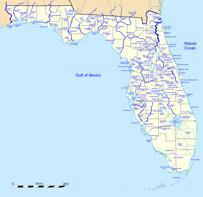 High resolution map of the state of Florida with all major waterways