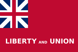 Red flag with Union Flag as top-left quarter and white text