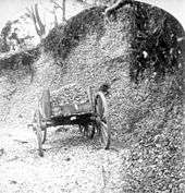 Black and white photo of a mound of oyster shells, approximately 20 feet high, covered by vines at the top and the middle exposed. A wooden wheelbarrow sits in front of it.