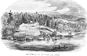 Artist's depiction of Fort Astoria as it appeared shortly after its construction, facing onto the waterfront and surrounded by forest behind.