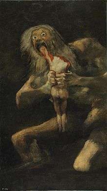 Painting of a ghoulish, naked man holding a bloody, naked body and devouring the arm.