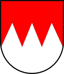 Argent, a chief indented gules (the Franconian Rake)
