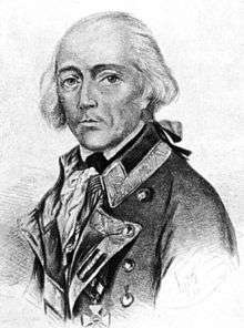Black and white print of a balding man with white hair in a late 18th Century military coat.