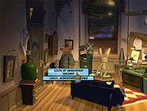 An anthropomorphic dog in a blue suit and fedora inspects an answering machine in a dilapidated office while an anthropomorphic rabbit looks out the window at the night-time street. A menu with a cursor is present, giving the options to either examine the answering machine or check it for messages.