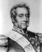 Print shows a man with wavy hair and long sideburns looking directly at the viewer. He wears a dark military uniform with loks of gold lace.