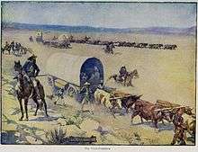 A romantic depiction of settlers in covered wagons, driving lifestock