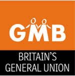  This is an old logo which is no longer used - White capital letters spell "GMB" on an orange background, where the "M" is used as the legs on two stick figures drawn with thinner lines. Below is the text "Britain's General Union".
