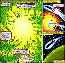 Comic-book page, with green and orange explosions
