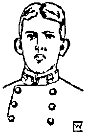 A black and white pen outline of a young man from the shoulders up with neat hair which stops right above his ears. He is looking sternly at the viewer, and wears a military style buttoned coat. A small "W" in a box is seen in the very bottom right corner of the image.