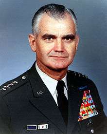 Middle-aged man with greying and receding dark hair combed back. He has black bushy eyebrows. He wears a green dress uniform, with suit and tie, is clean-shaven, and has four stars on his shoulder to indicate his rank.