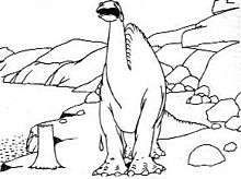 Gertie the Dinosaur stands between a lake and a cave.