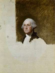 Detailed painting of head and shoulders  of Washington. Over half of the canvas is blank.