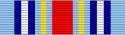A light blue military ribbon with a two bands of navy blue, white, navy blue stripes. Two yellow stripes inside the those bands, and a vertical center thick red stripe