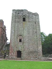 A photograph of the keep at Goodrich Castle in the 21st century