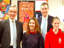 Secretary of State for Education, Michael Gove MP, with the Conservative Member of Parliament for Stockton South, James Wharton, and two students from Conyers School in Yarm, North Yorkshire.