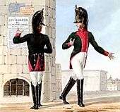Print showing two troopers of the French 10th Dragoon Regiment in green coat with crimson facings, white breeches, and black boots.