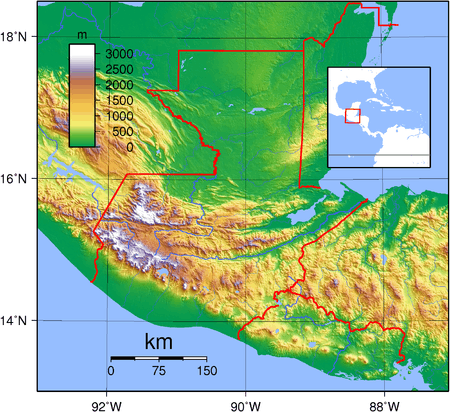 Guatemala is situated between the Pacific Ocean to the south and the Caribbean Sea to the northeast. The broad band of the Sierra Madre mountains sweeps down from Mexico in the west, across southern and central Guatemala and into El Salvador and Honduras to the east. The north is dominated by a broad lowland plain that extends eastwards into Belize and north into Mexico. A narrower plain separates the Sierra Madre from the Pacific Ocean to the south.