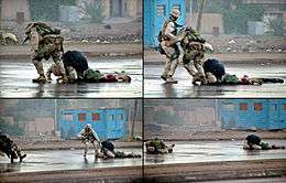 A four-picture series of photographs. Clockwise from the upper left: A Marine tries dragging a wounded Marine down a city street; a sailor runs over to help him; the rescuing Marine is shot; both Marines lie wounded on the street.