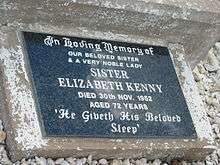 Photo of Elizabeth Kenny's ground-level gravestone