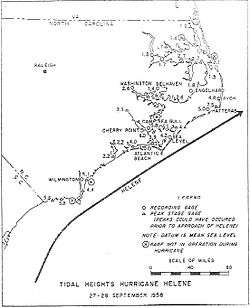 Drawn map showing a portion of a hurricane's path closest to the coast. Cities are labeled, and measurements of storm surge in certain places are shown.