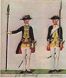 Print of two Hessian soldiers with dark blue coats, yellow facings and waistcoats, white breeches, and tricorne hats. The officer on the left holds a spontoon, while the soldier on the right carries a musket.