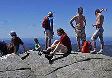 Six people on a rocky surface. Three are sitting and three are standing. One is wearing a backpack. At the right are two shirtless men with a backpack in between them on the rock.