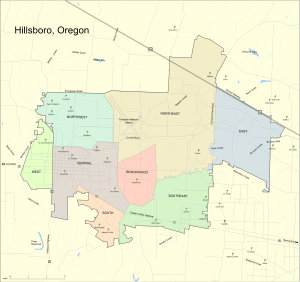 Map of Hillsboro with eight planning areas designated in different colors. Includes major roadways and locations of schools.