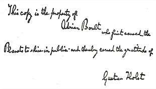 Handwritten inscription: "This copy is the property of Adrian Boult, who first caused the Planets to shine in public and thereby earned the gratitude of Gustav Holst"