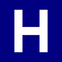 White H on blue background, used to represent hospitals in the US.