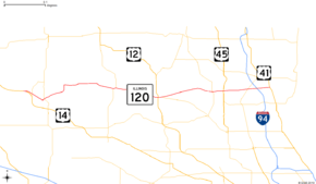 The northeastern part of Illinois showing major roads. IL 120 runs from US 14 east to IL 131.