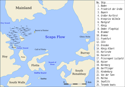 A map of about two dozen ships in the western area of Scapa Flow, around the island of Cava. A marker "The Barrel of Butter" is just east of the ships.