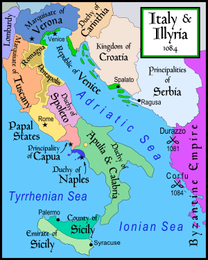 Multicoloured map of Italian peninsula, showing smaller states