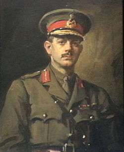 Painting – Formal portrait of a First World War general in khaki uniform, with red hat band and collar tabs, gold braid and Sam Browne belt.
