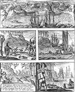 Engraving showing scenes of Dutch killing animals on Mauritius, including dodos