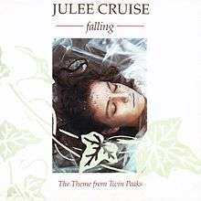 An image of a dead woman wrapped in plastic on a white background. Brown text above reads "Julee Cruise falling" and below reads "The Theme from Twin Peaks Five Inch CD single".
