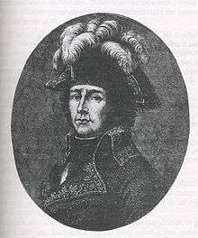 Black and white print shows a man wearing a plumed bicorne hat and the dark uniform of a French general of the 1790s.