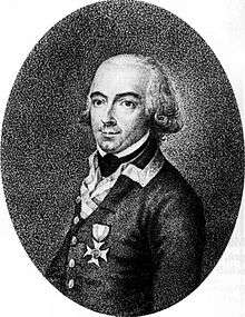 Black-and-white print shows a man in a plain gray military coat with only one decoration, the Order of Maria Theresa. He has a cleft chin, dark eyebrows and light-colored hair that is curled at the ears in 18th century fashion.