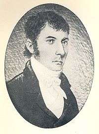 Head and shoulders oval portrait of a serious and dignified man in his thirties or forties, with dark hair, clean shaven wearing a cravat.