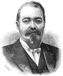 A black and white engraved portrait of a man with a goatee and wearing a suit and white tie
