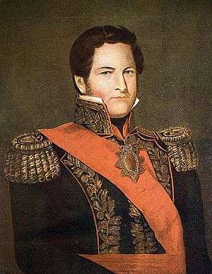 Painting of the head and shoulders of a man in 19th century military garb with ornate epaulettes and sash. He is looking at the viewer.